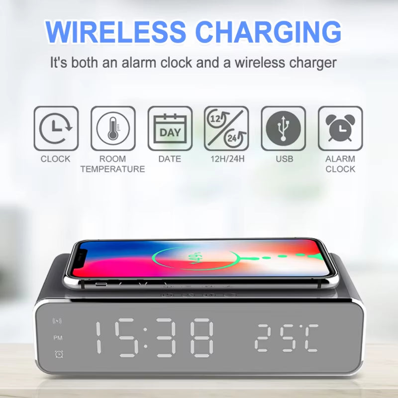 Multifunction LED Electronic Clock Radio Temperature Time Display with Mobile Phone Wireless Fast Charging Alarm Clock Radio