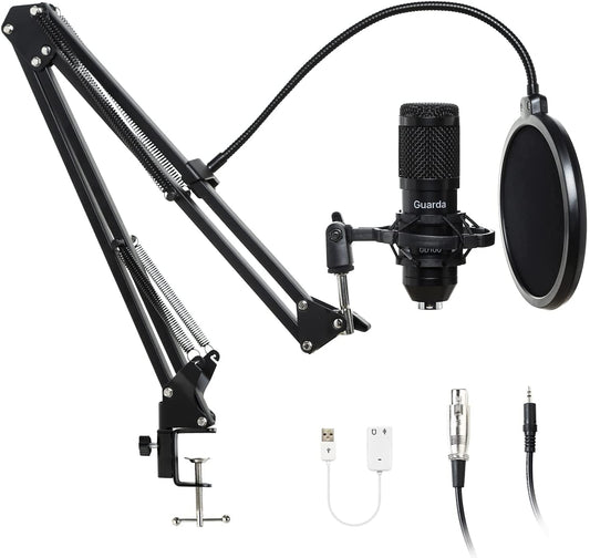 Professional Studio Condenser USB Microphone Kit with Adjustable Scissor Arm Stand and Shock Mount for PC Recording, Podcasting, YouTube, Karaoke, Gaming, and Teaching - Guarda GD100